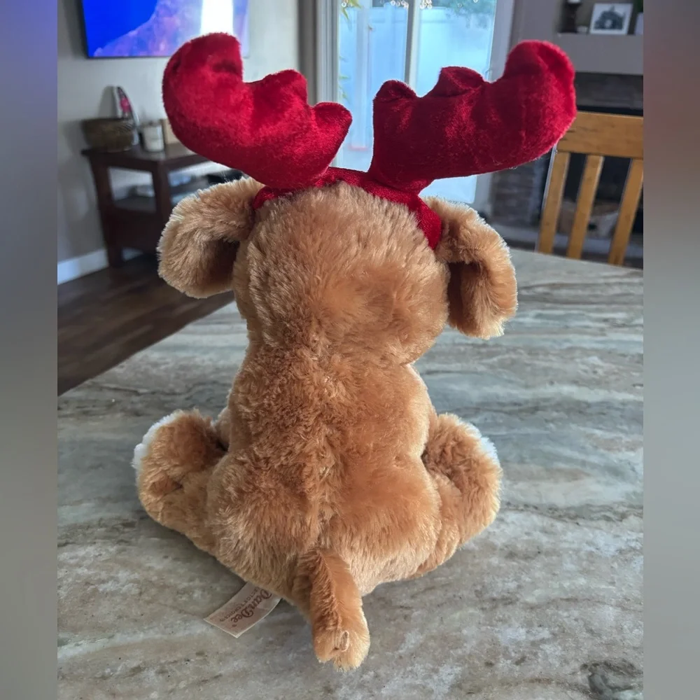 Holiday Puppy Plush with Reindeer Antlers - Brown and White Dog with Red Antlers